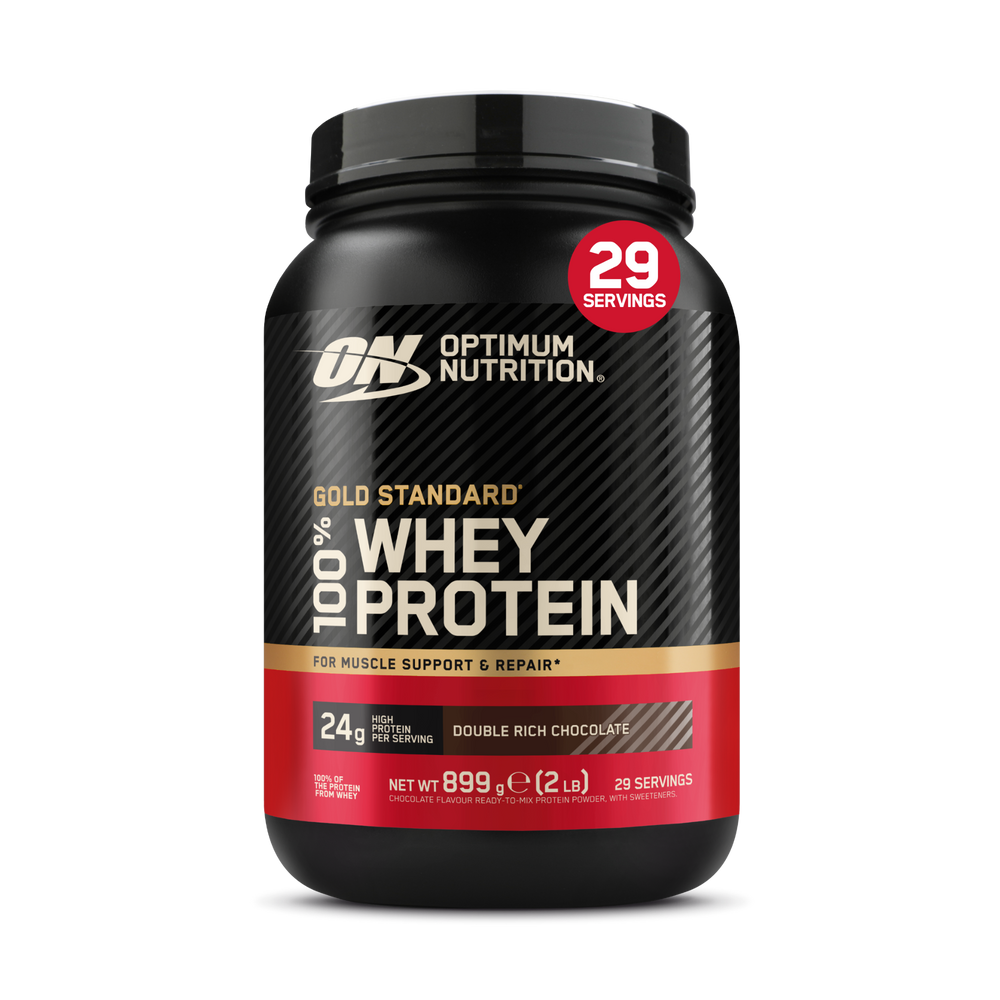 Embalagem de Optimum Nutrition Gold Standard 100% Whey, 899 g, Duplo chocolate intenso