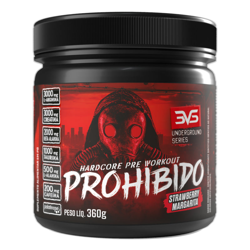 Embalagem de Prohibido Pré-treino, 360 g, Strawberry Margarita (morango)